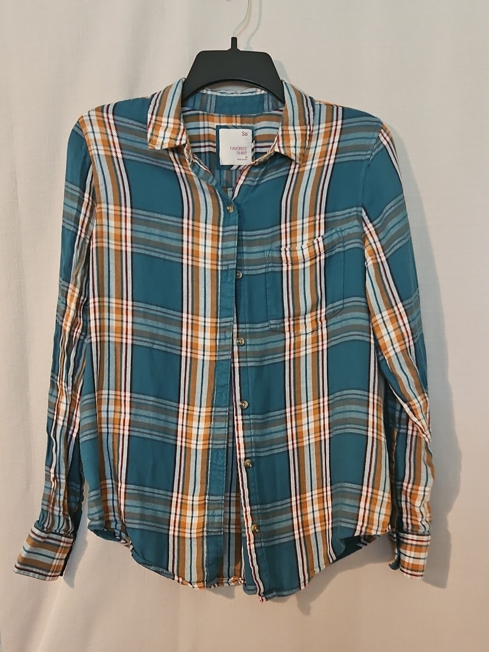 SO Teal Plaid Button-Down Shirt with Yellow Stripes